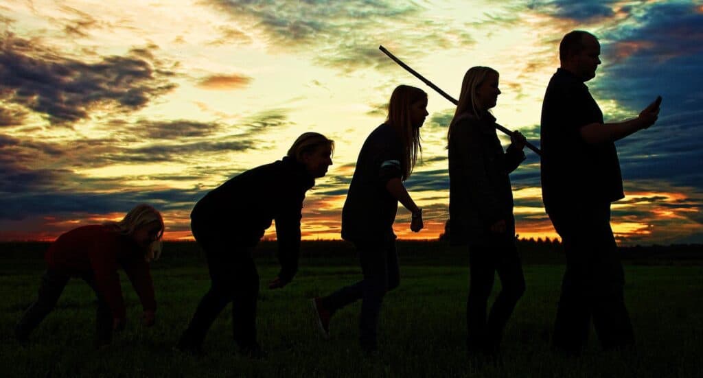 Five silhouettes in the foreground. In the background sky in different colours on sunset. On the left side the figure seems to be a hominid. From left to right the figures are keeping upright posture. The figure on the right is an obese man. The picture symbolizes the evolution of man