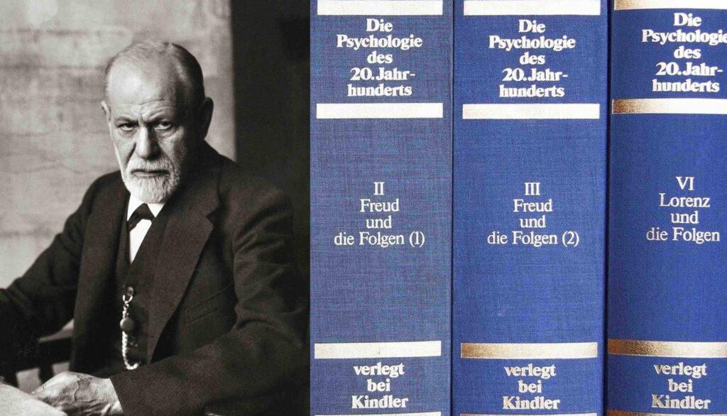 History of panic attacks. Freud's concept. The picture shows a black and white photograph of Freud and on the right a pile of books about psychology  