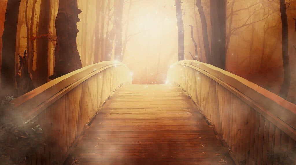 Picture showing a wooden bridge to the "other side".The other side of the bridge is shining. The picture refers to the passage to the unconscious which is the essence of hypnosis 