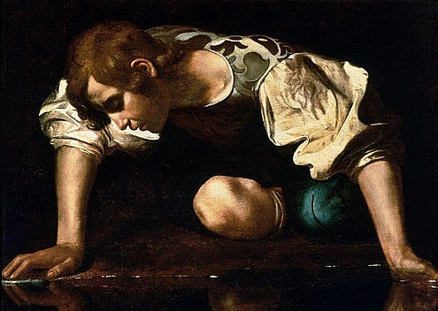 Causes of panic attacks. Narcissus, painting by Caravaggio. Young man looking into mirror contemplating his own beauty. From analytical point of view the panic van be interpreted as the narcissistic collapse