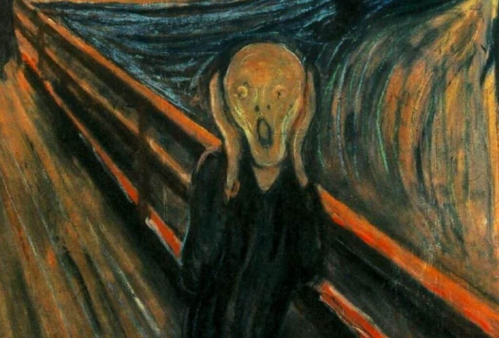 Panic attack. Edvard Munch, The Scream. The famous abstract painting of Edvard Munch shows a human figure with hands supporting its head, white open mouth. The person screams and is terrified. The background shows the abstract landscape of countryside with a wooden fence behind the figure. Munch's painting shows a person's experiencing a panic attack