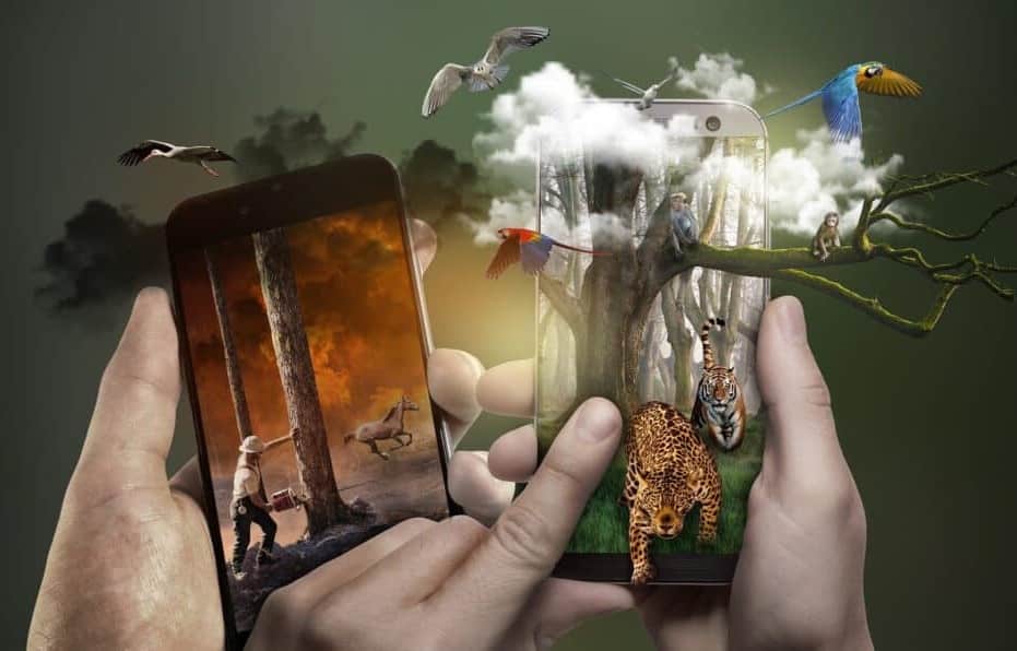 The illustration is a collage. The picture is hold by two hands. The collage contains different objects, such as a mobile, fragment of a landscape and animals. On the screen of the mobile we see a man cutting a tree. with smoke over it. The collage is showing the destruction of the environment which is one of the causes of depression.