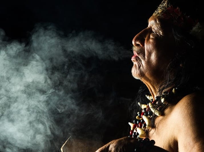 Shaman in Ecuadorian Amazonia during a religious ceremony