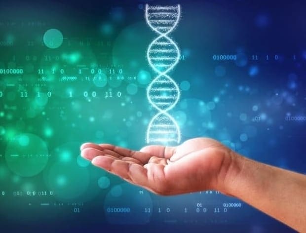 Hand and going up the double helix. In the blue and green background chromosome sequences. The picture refers to the genetic influence on the bipolar disorder